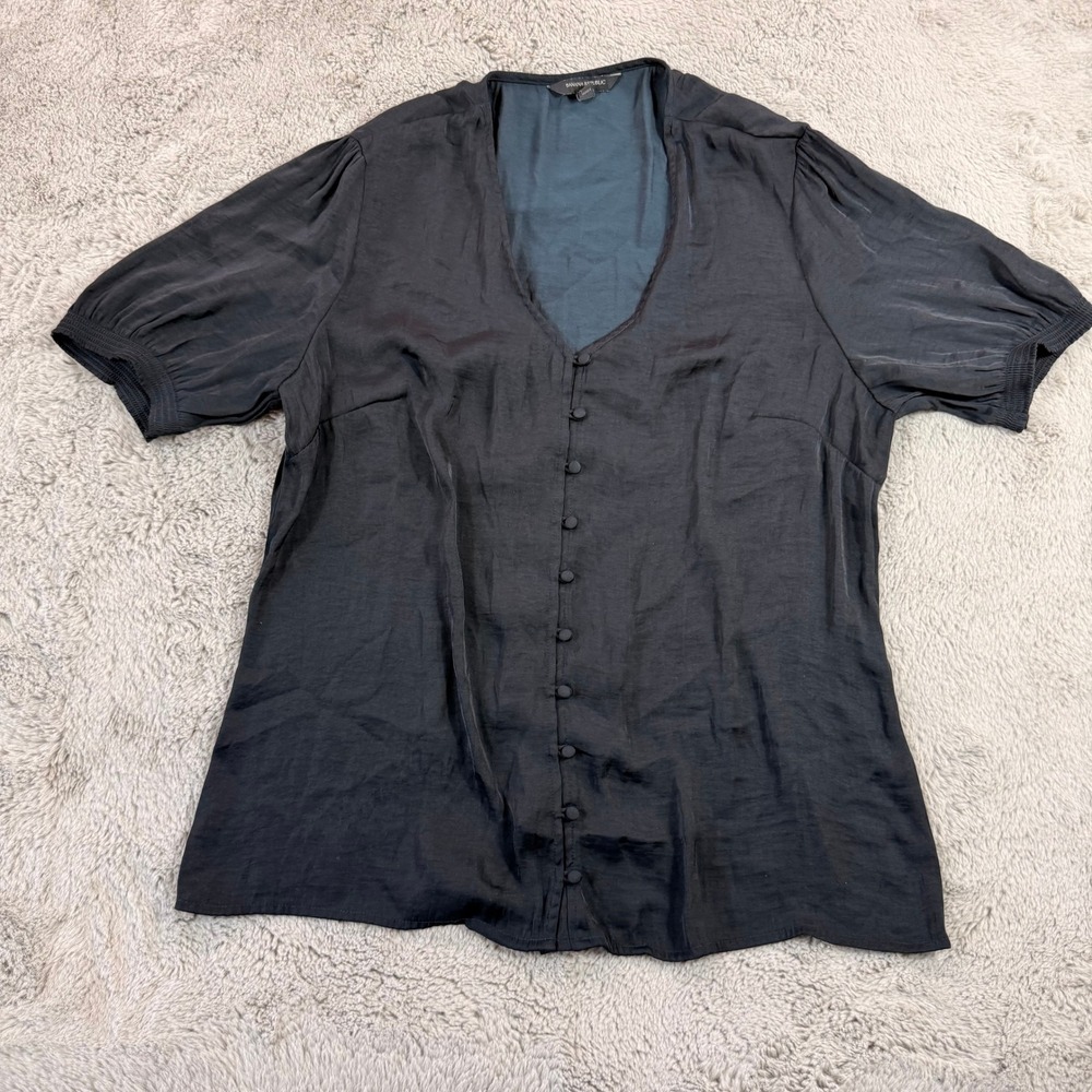 Banana‎ Republic Black Button Down Top Blouse Puff Short Sleeve Womens L
